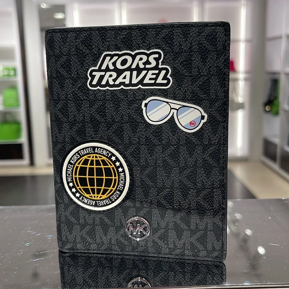 Michael Kors Jet Set Travel Md Embellished Signature Logo Passport Case Black